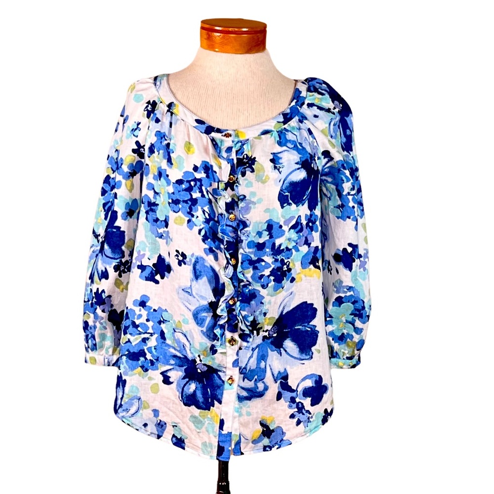 Charter Club Women’s Linen Floral Ruffle & Button Front Blouse Size XS to S